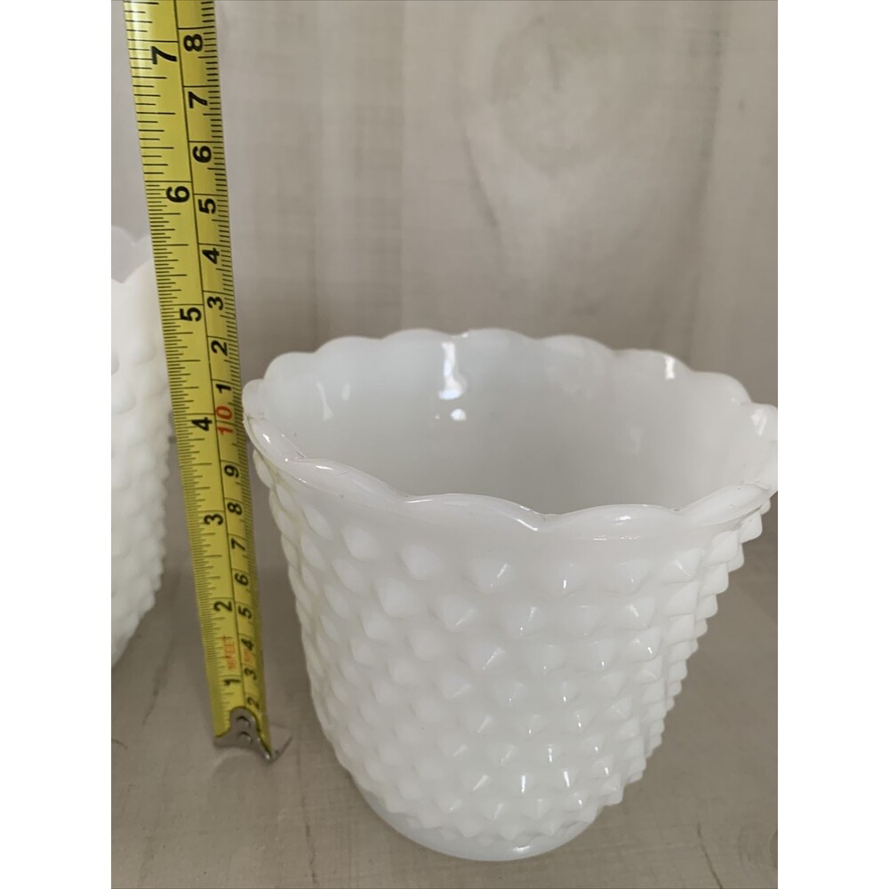 Vintage 2 Fire King Oven Ware White Milk Glass Hobnail Scallop Edge Bowl Vases - Picture 6 of 10